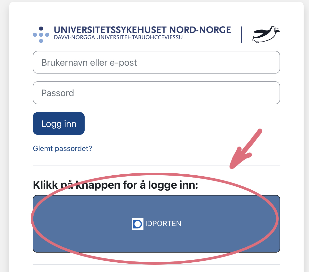 Skjermdump fra innloggingssiden